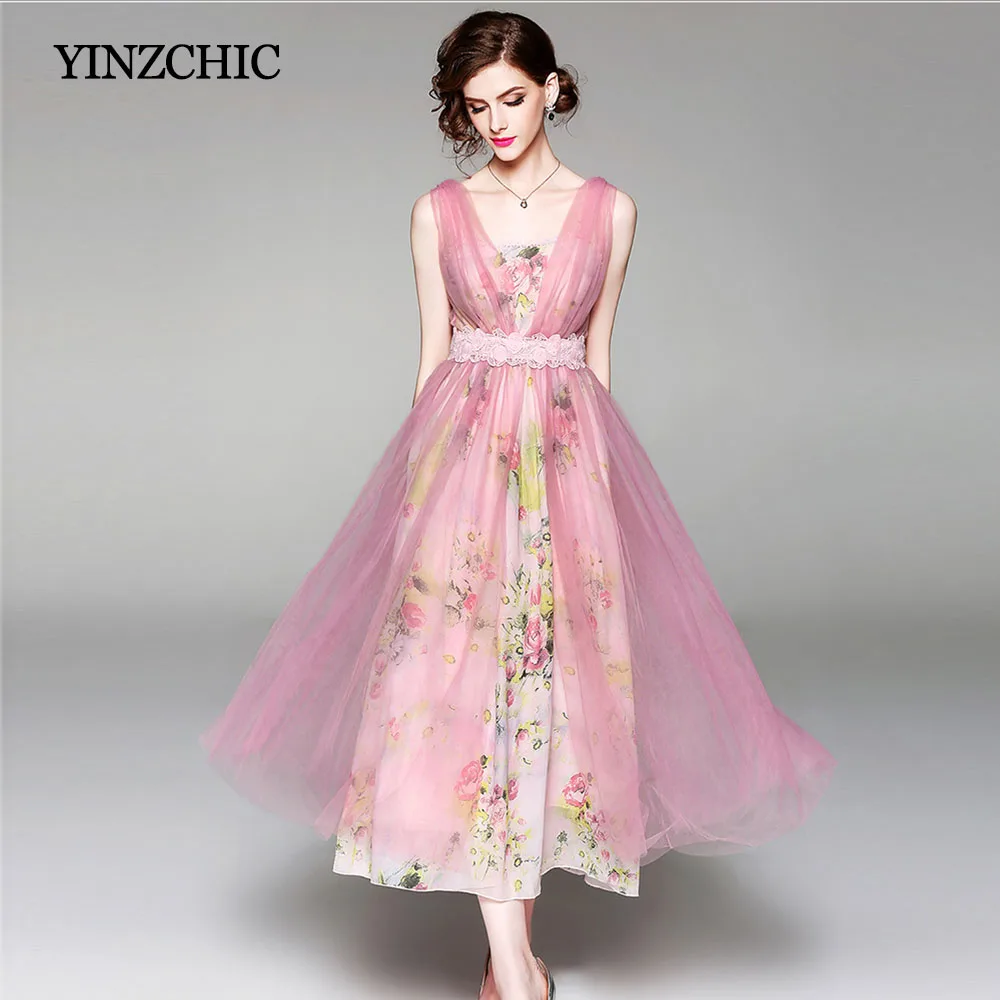 

wojman summer a-line sweet dress fashion v-neck female mesh patched a-line dress OL elegant party dress lace sash midi dress