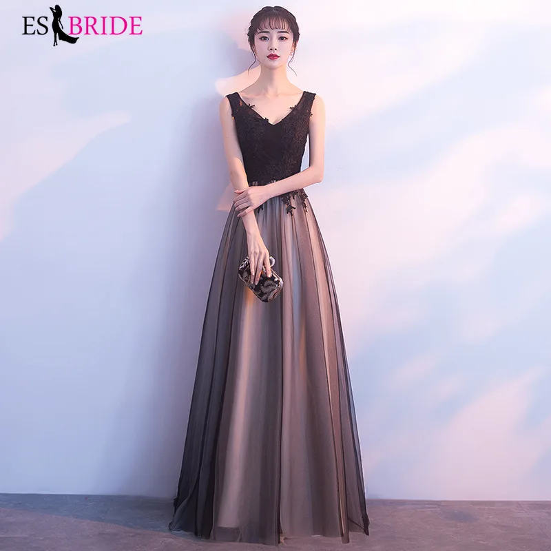 

Women Formal Black Long Evening Dress Robe De Soiree Elegant A Line Sleeveless Chiffon Lace Long Evening Dress Party Gown ES1201