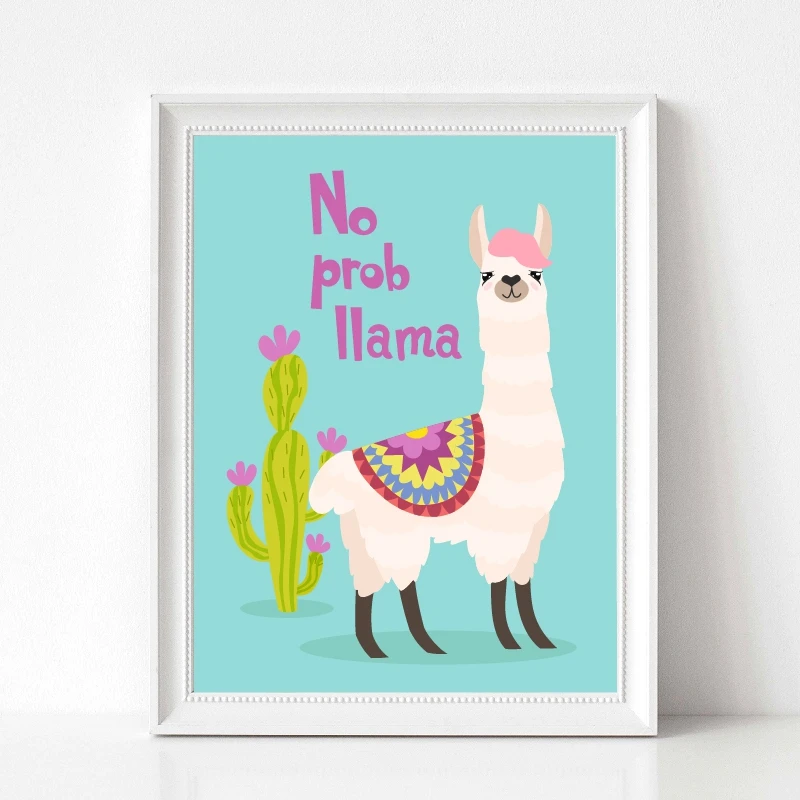 llama with ornament design and cactus wall art prints