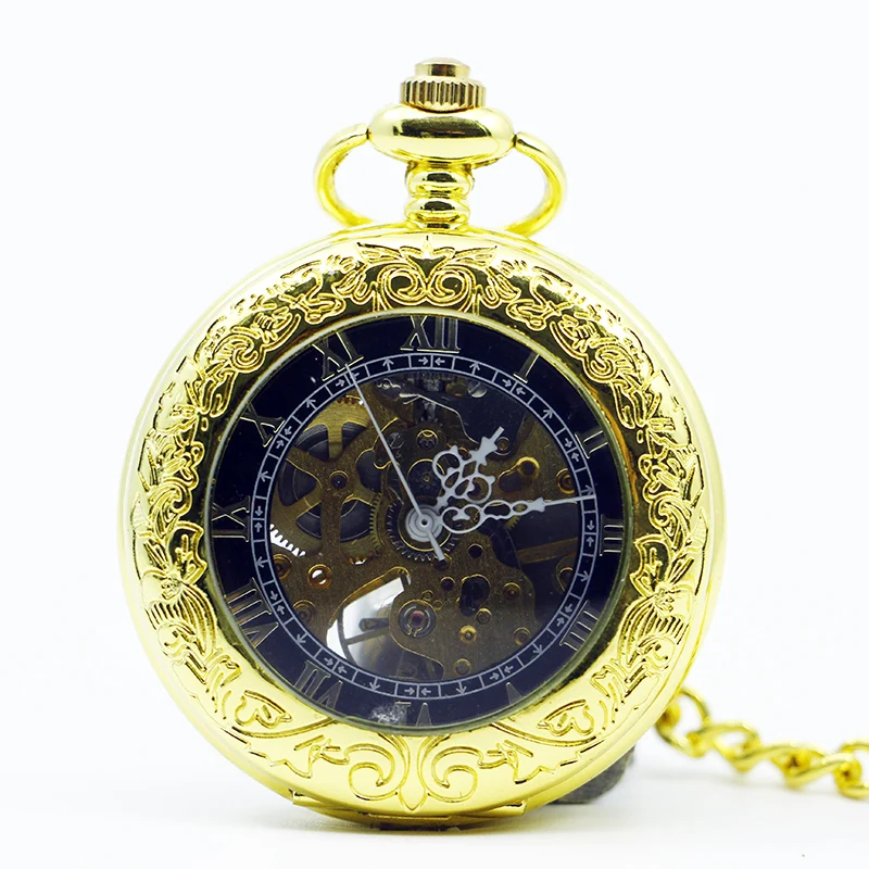 

Luxury Gold Skeleton Mechanical Pocket Watches Men Antique Brand Hand Wind Pocket & Fob Watch Fob Chain PJX1207