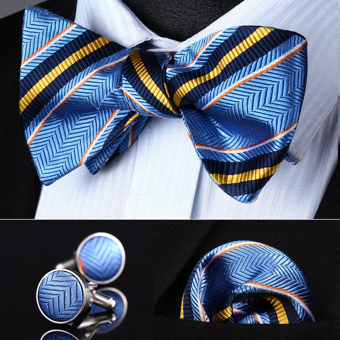 BZS05B Blue Yellow Striped Men Silk Self Bow Tie handkerchief Cufflinks