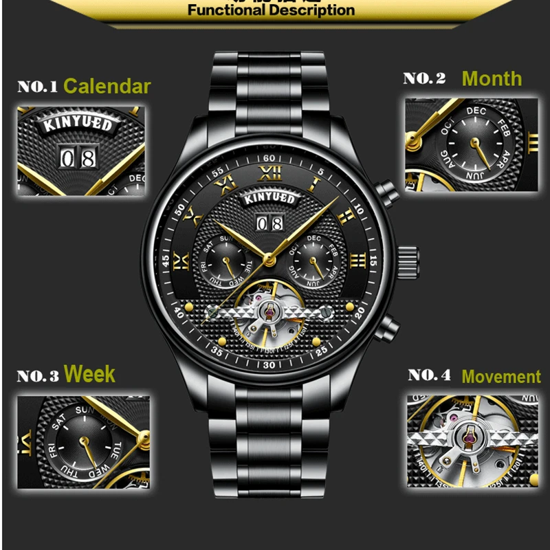 KINYUED Band Elegant Black Men's Watches Tourbillon Mechanical Stainless Steel Wrist Watch Complete Calendar Self-Wind Clock New (14)