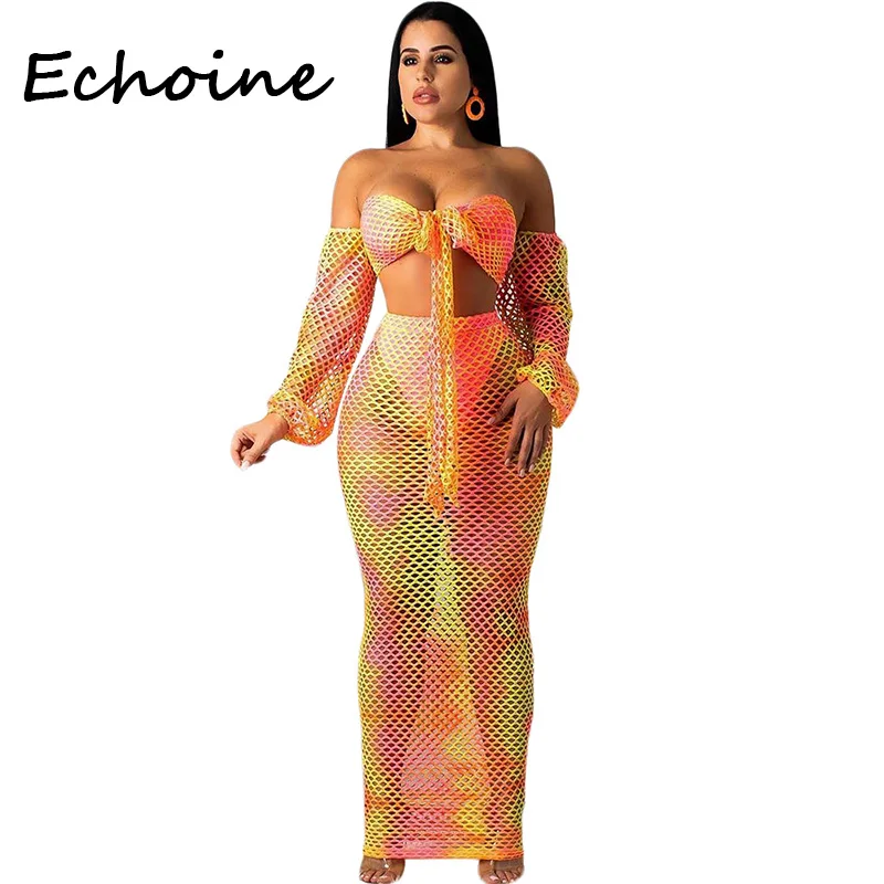 

Echoine Sexy Skirt Set Hollow Out Lantern Sleeve Strapless Top + Long Dress 2 Piece Outfits For Women Beach Clothing 3xl