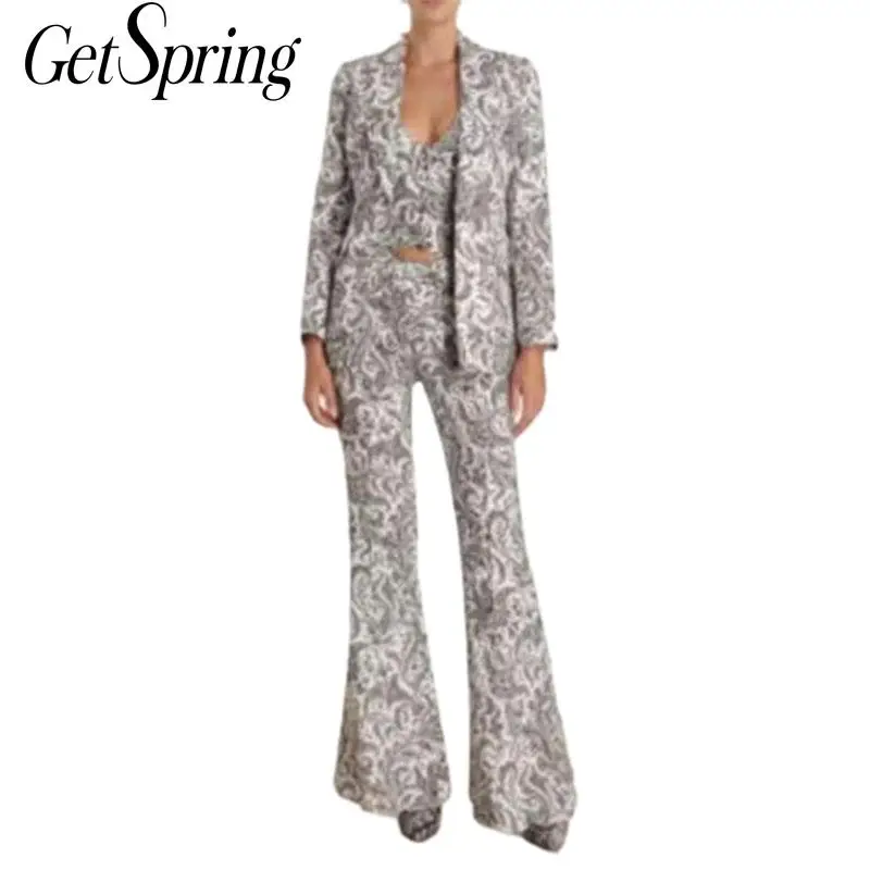 

GETSRING Women Set Women Pant Sets Leisure Suit Coat Short Vest High Waist Flared Pants Vintage Printing 3 Piece Sets Women 2019