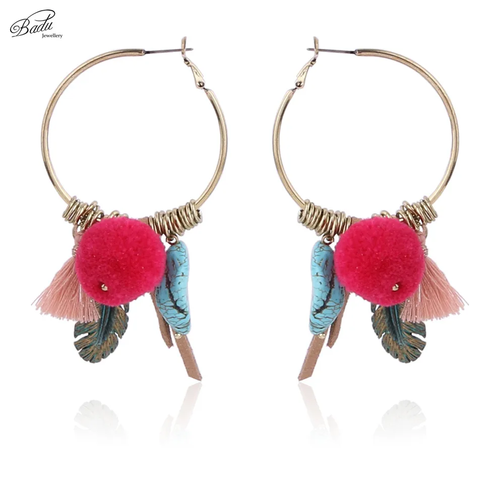 

Badu Vintage Gold Earring Big Round Women 2017 Boho Fashion Hoop Earrings Red Pom Pom Pendant Statement Jewelry Antique