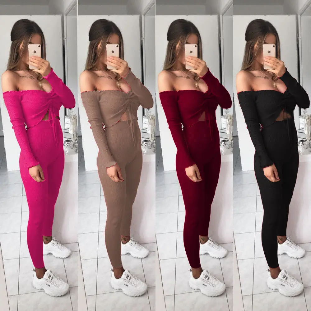 

Women Knitted wear 2 Piece Set Sweatshirt Crop Tops Women T shirt Joggers Ladies Fine Knit Tracksuit Pant
