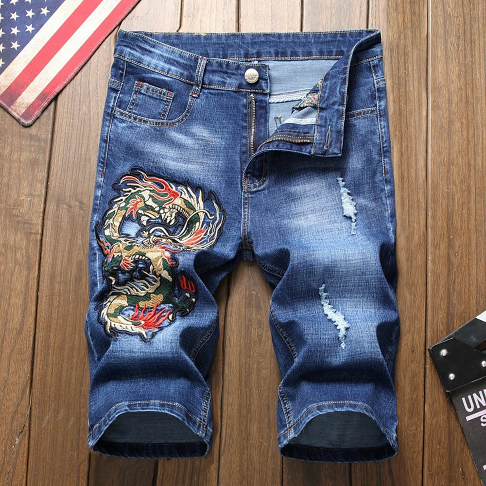 

Men embroidery Denim Shorts short jeans fashion 2019 summer Elasticity Hole Blue black casual shorts harajuku Denim jeans male