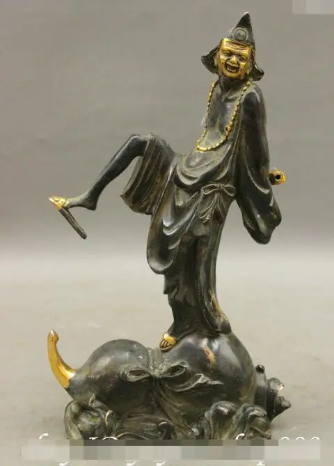 

song voge gem S7189 10" China Buddhist Bronze Gilt Dragon Arhat JiGong ChaiGong Buddha Goard Statue