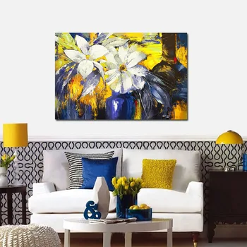 

100% Hand Made Modern Art White Flower Blue Vase palette knife oil painting on canvas For Wall decoration