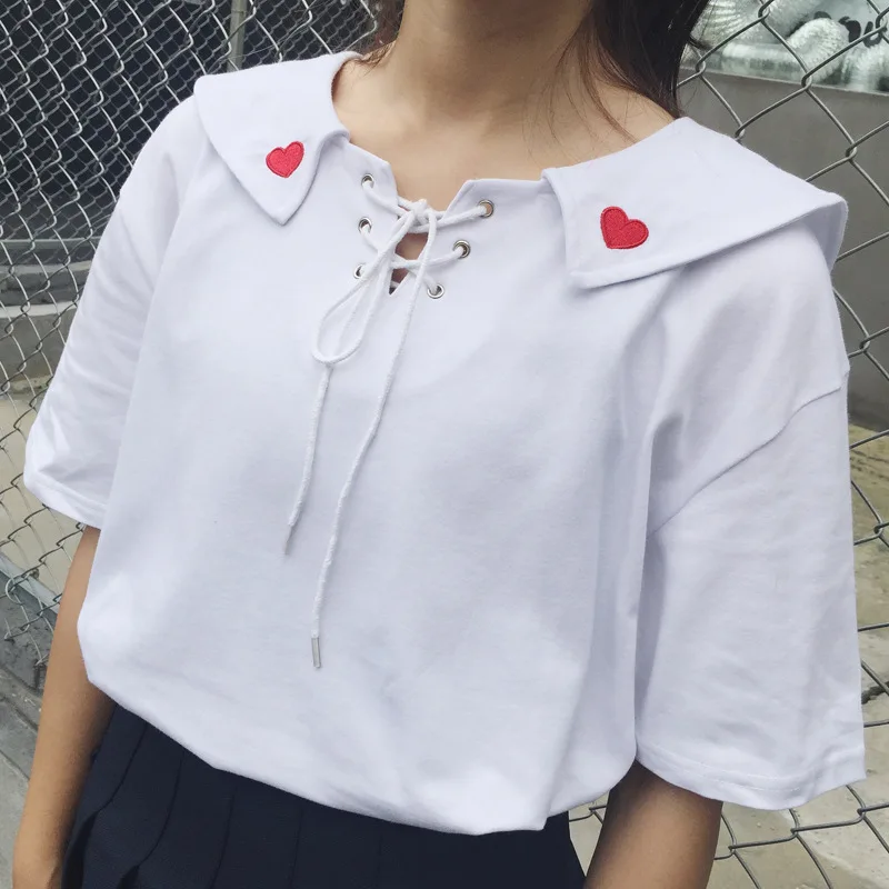 

Harajuku Summer Peach Heart Embroidery Tee Tops 2017 Women Short Sleeve Heart-shaped Embroidery Straps Tee Female Cute T-shirts