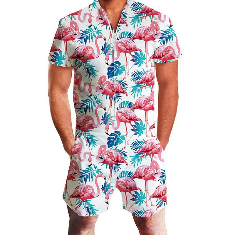 

Litthing New Flamingos Floral Print Rompers Men 3D Funny Short Sleeve Jumpsuit Summer Playsuit Overalls Casual One Piece Outfits