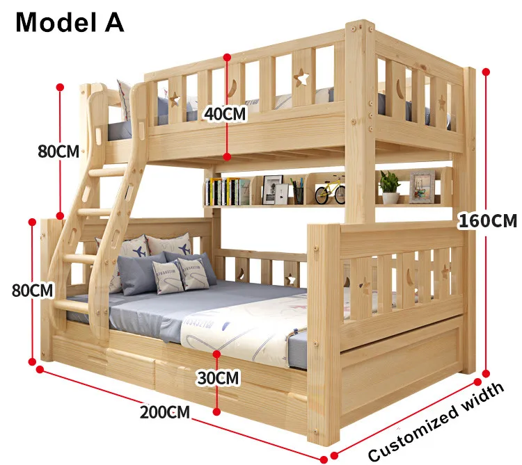 Модная детская двухъярусная кровать Луи из натурального соснового дерева с лестничными ящиками, безопасная и прочная - Цвет: A-Width 160cm