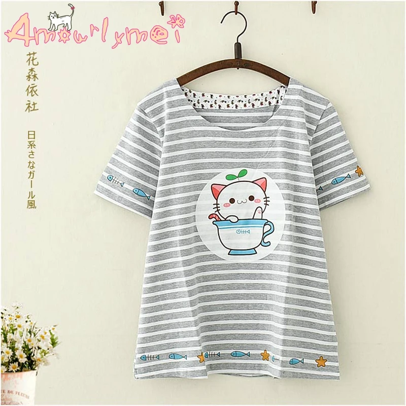 

Japanese Style Cute Cat Striped Print O-neck Loose Short Sleeve T-shirt Mori Girl Summer Kawaii Women Cotton Tees Tops