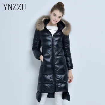

YNZZU New Winter Coat Women Jackets Real Raccoon Fur Collar Hooded Ultra Light Ladies Long Slim Warm Down Jacket YO050