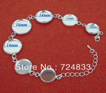 

16/14/12/10mm Silver Plated Blank Bracelet Round Bezel Trays Lobster Clasp Link Chain Metal Bracelets Blank Settings Wholesale