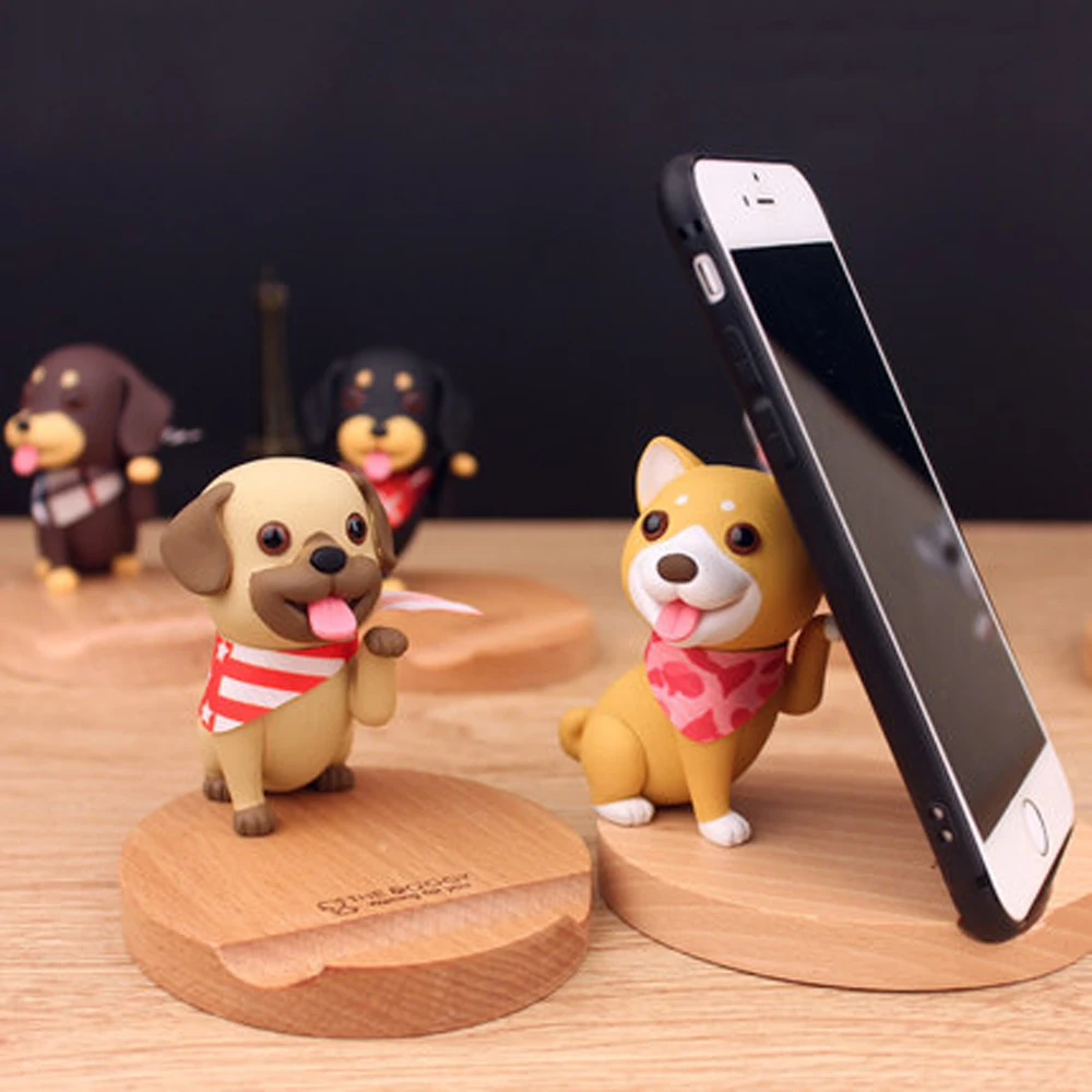  Fimilef Cute Puppy Cell Phone Holder For Iphone Huawei Wooden Cartoon Pet Dog Mobile Phone Desk Tab