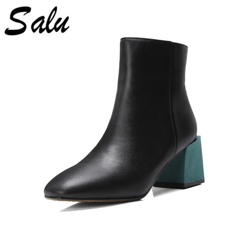 Dames rouge Glissière Chaussures Noir Mode Talon Carré Cuir En Femmes Vert Cheville À Fermeture Rond Bottes De Bout Salu Véritable TwHq61FnO