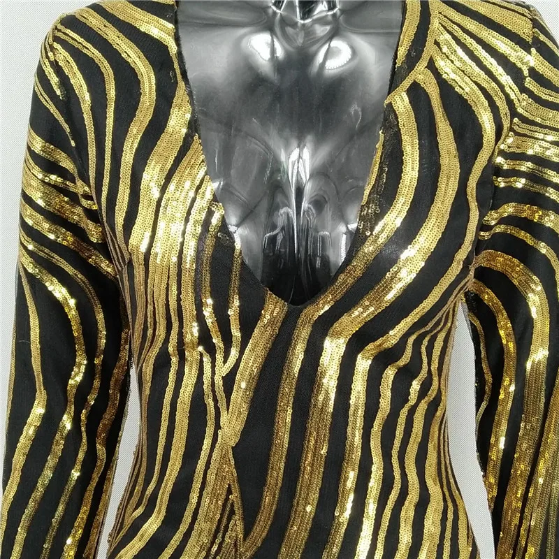 Черное платье в полоску с золотыми пайетками, узоры, женское платье для ночного клуба, вечернее платье миди, шикарное сексуальное облегающее платье с длинным рукавом и v-образным вырезом
