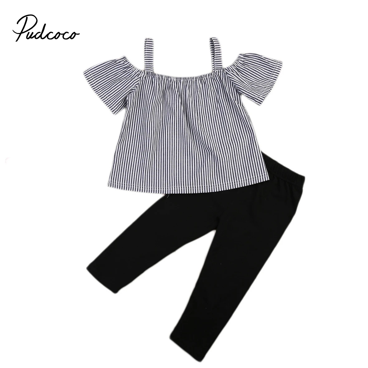 

US STOCK Newborn Kids Baby Girl Summer outfits Off Shoulder Striped strap T-shirt Long black legging pants Outfit Clothes set