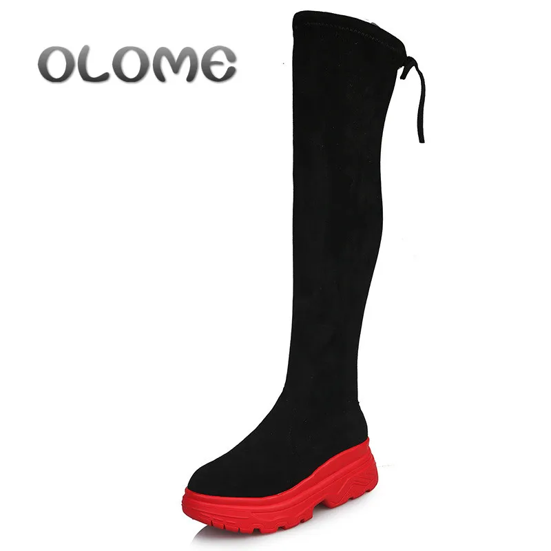 Ceny Kobiety elastyczne długie buty moda na kolanach długie płaskie buty zwiększone kliny damskie buty wiosna jesień zima kobiety buty