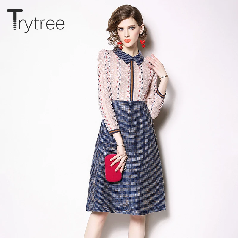 

Trytree Spring Dress Casual A-line Women Peter pan Collar Pink Lace Patchwork Blue Hem shirt dresses Knee-Length Office Dress