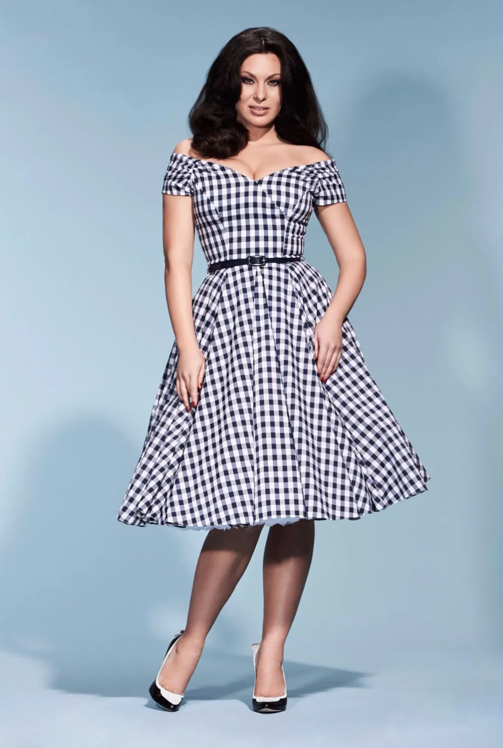 30-летние женские винтажные 50s gingham с открытыми плечами лодочкой шеи свинг-платье рокабилли pinup vestidos размера плюс платья jurken robe