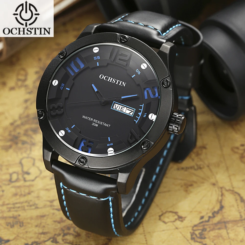 

OCHSTIN Genuine Leather Quartz Men Watch Big Dial 30M Waterproof Calendar Casual Man Wristwatch Hot sale 2018 + Box