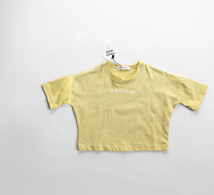 Летние хлопковые футболки футболка с буквенным принтом для маленьких мальчиков и девочек детская Однотонная футболка свободного стиля, детские футболки с короткими рукавами, детский топ - Цвет: Цвет: желтый