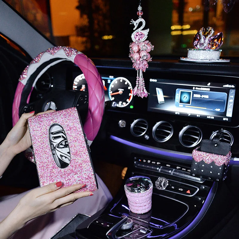 

Pink Diamond Car Interior Decoration Accessories for Girl Crystal Pendants Steering Wheel Covers Tissue Box Car Ashtray Ornament