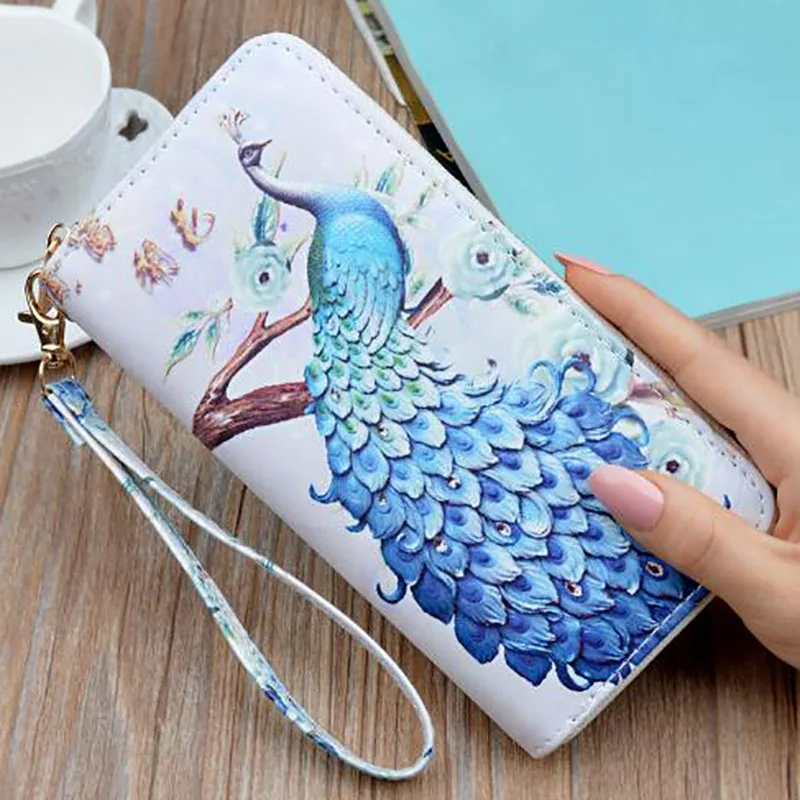 New Fashion Women Small Long PU Wallet Wristband Zipper Peacock Printing Accordion Design Ladies Clutch Bag Cell Phone B101 | Багаж и
