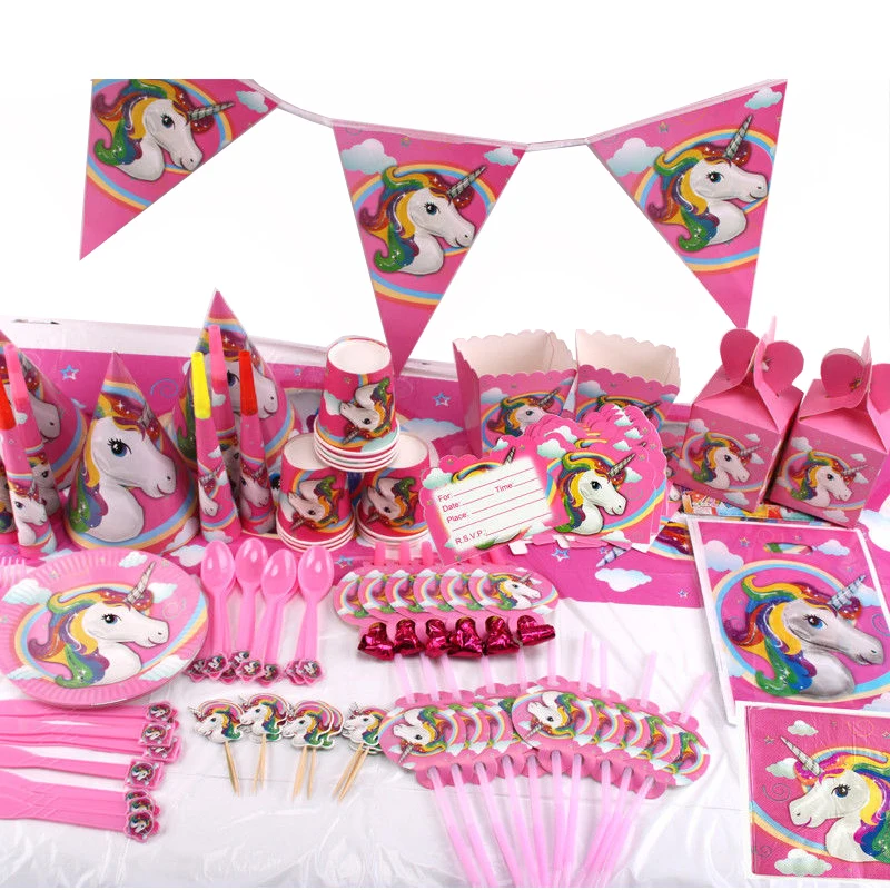 

Unicorn Cartoon Party Decoration Party Favors Plates Fork Flag Children Kids Birthday Party Supplies Disposable Tableware Set