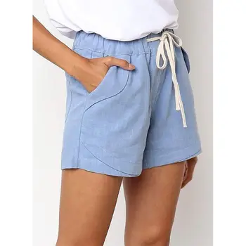 

Womens Summer Drawstring Mid Rise Cotton Linen Shorts Elastic Waist Casual Solid Color Beach Pants Loose Trousers With Pockets