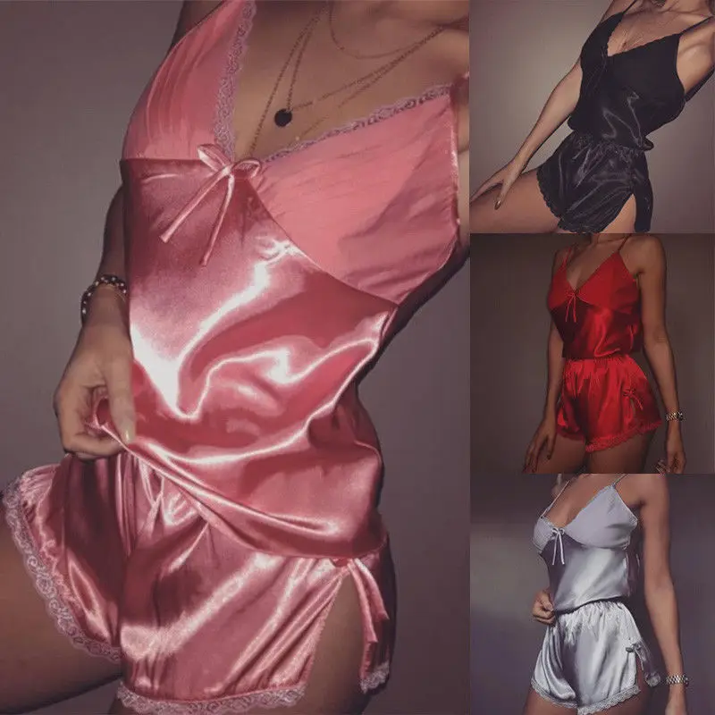 

UK Summer Women Sexy Pajamas Silk Pajamas Sleepwear Deep V Solid Color Summer Hot Female Sling Lingerie Set