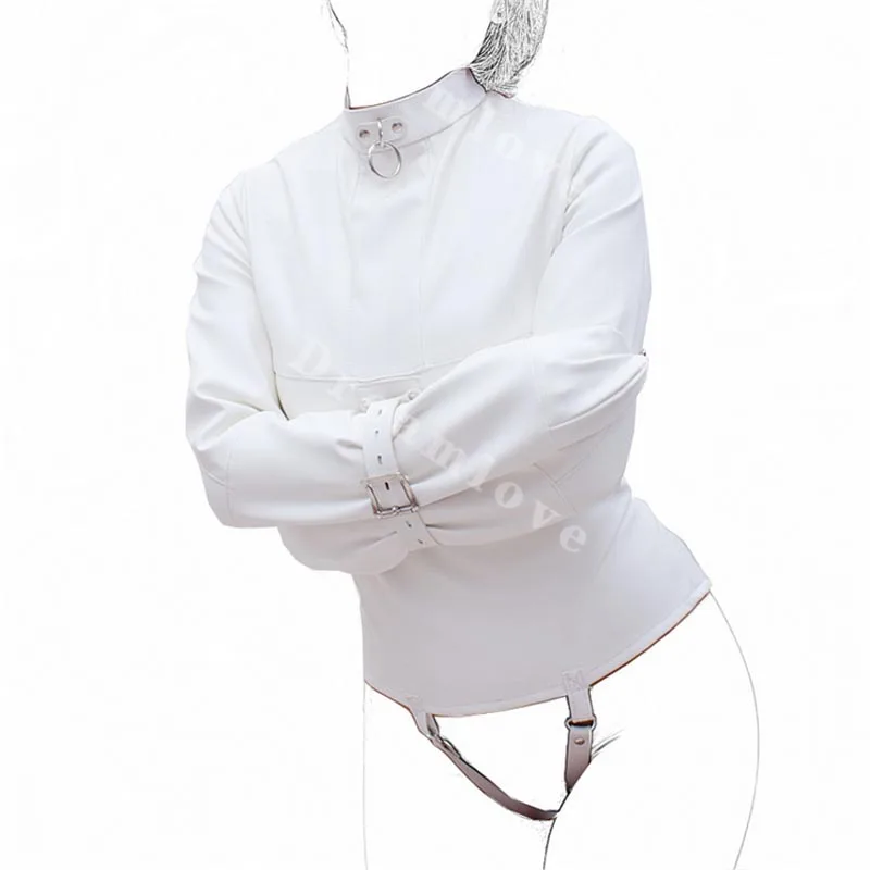 

Womens Creamy White Straight Jacket for Medical Play Faux Leather Strict Bondage Kinky Fancy Straitjacket Fetish Costume