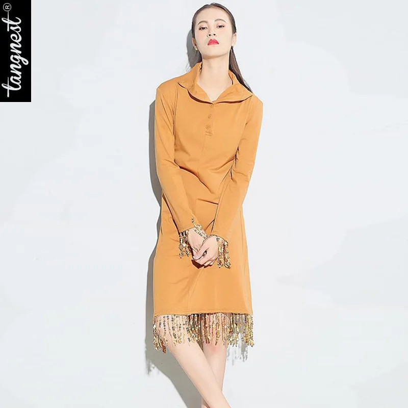 TANGNEST Women Dress 2017 Мода Весна Платья Тонкий Блестками Длиной До Колен Полный Рукав