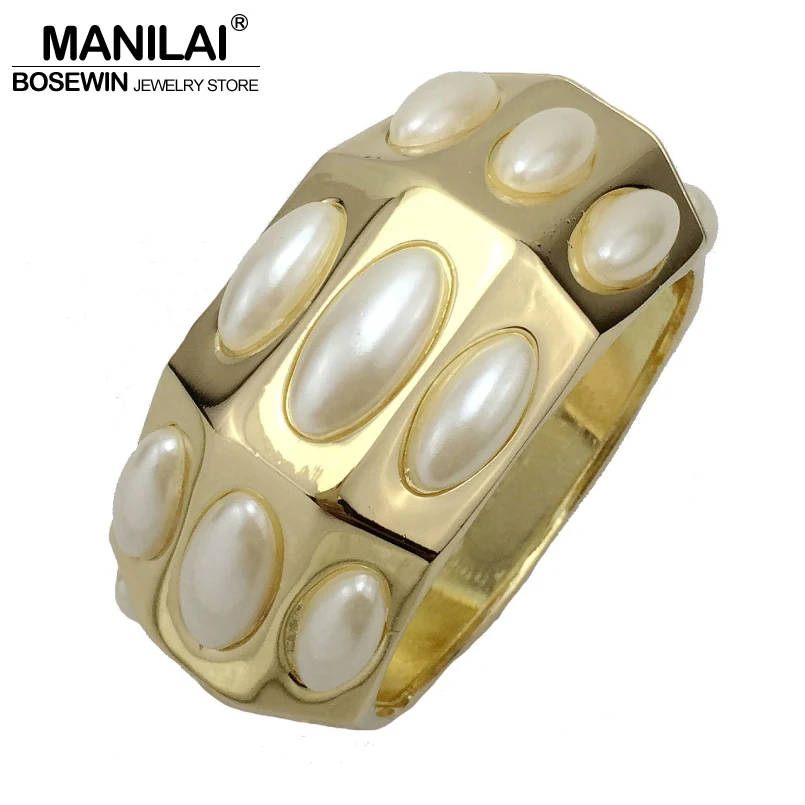 

MANILAI Women Gold Color Simulated Pearl Bracelets & Bangles Fashion Cuff Bracelet Big Bangle Bride Wedding Party Jewelry