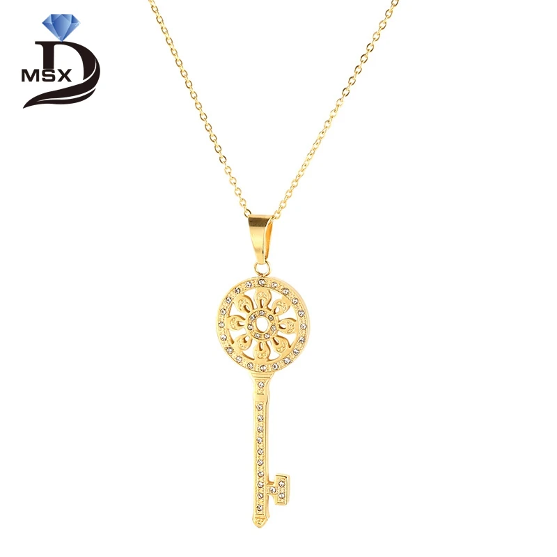 Cubic Zirconia Hollow out Key Pendant Necklaces For Woman Lady Link