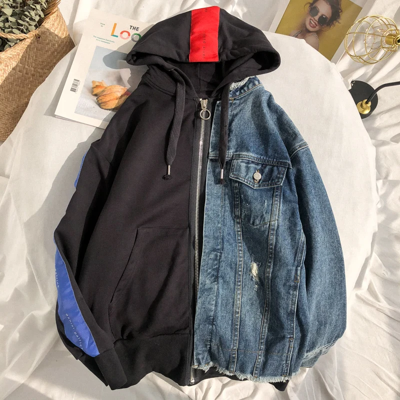 LAPPSTER Мужская Уличная джинсовая куртка из двух частей, ветровка, Мужская Лоскутная куртка-бомбер с капюшоном, дизайнерские Джинсовые куртки - Цвет: Black