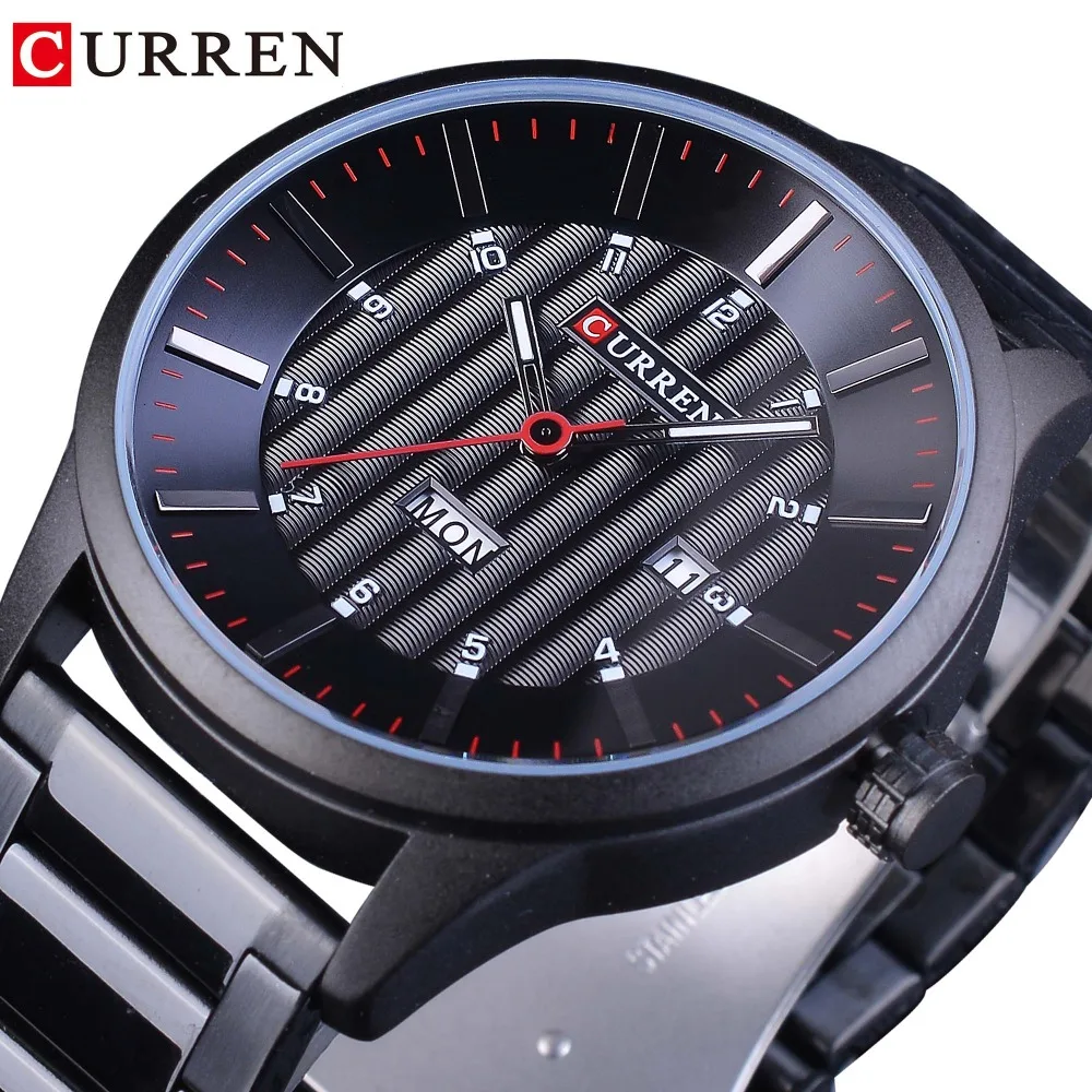 

CURREN Racing Sport Clock Week Display Fashion Black Stainless Steel Red Hands Creative Men's Quartz Watches Water Resistant