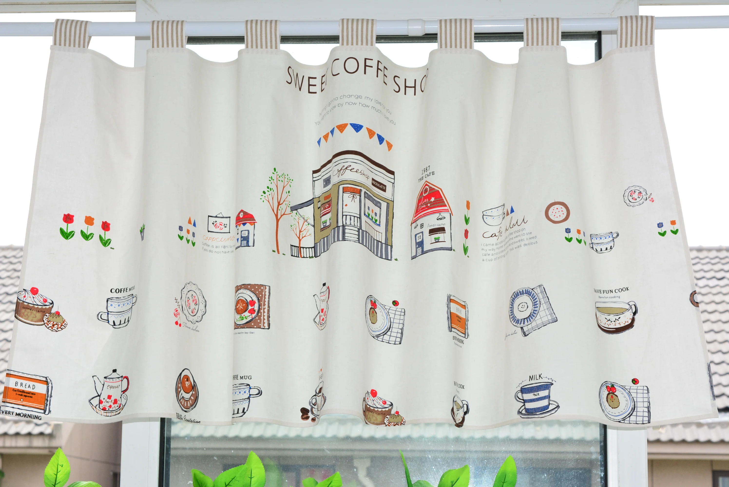 RZCortinas Cotton Linen Modern Curtain for Kitchen Cartoon pattern Short blackout Curtain for Coffee Bar Home Curtain Customized