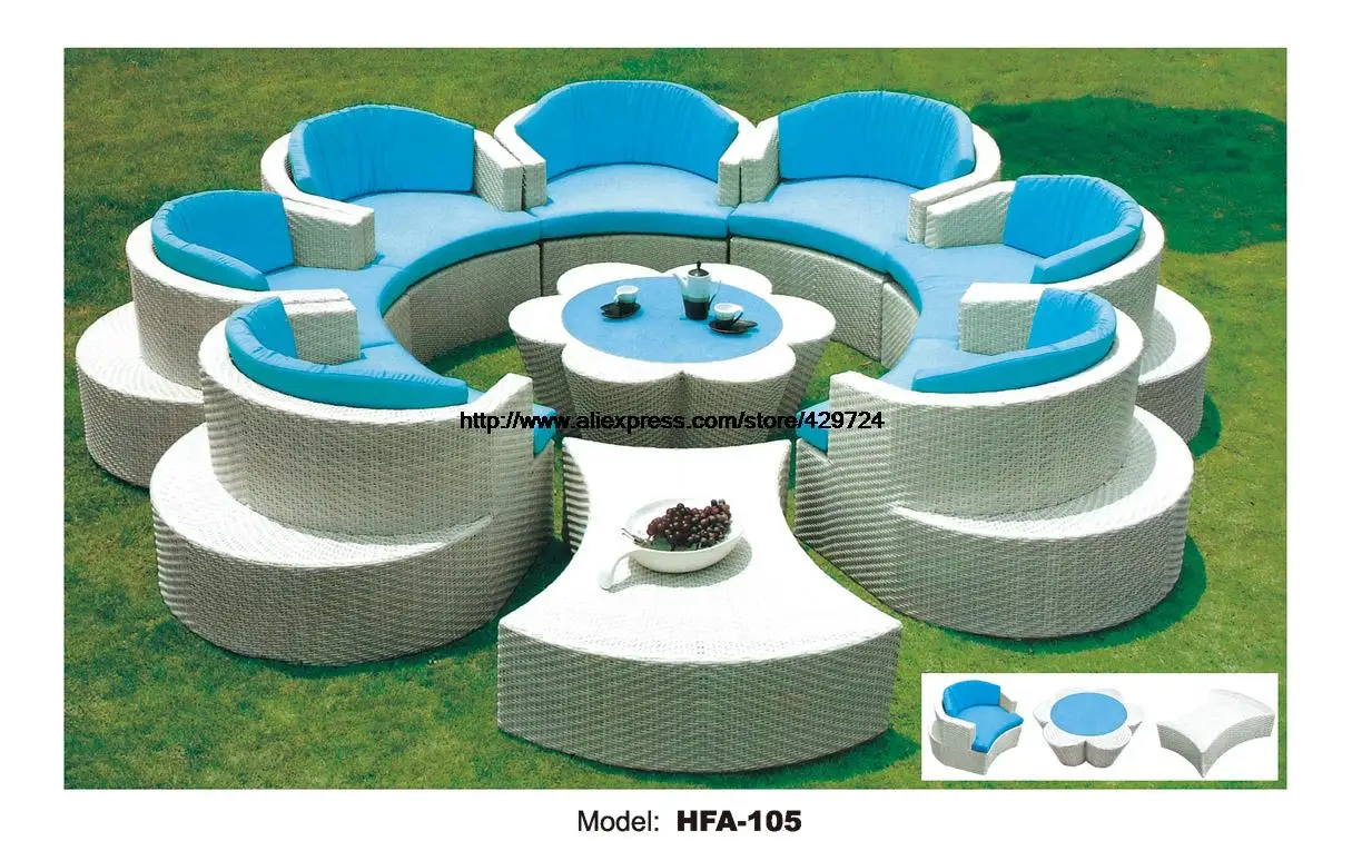 Flower Shaped Rattan Sofa Set Outdoor Wicker Sofa Furniture 7 Seat Garden Furniture with Table Ottoman Wicker Patio Furniture