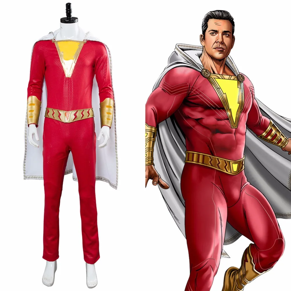 

2019 DC Superhero Shazam Cosplay Costume Billy Batson Jumpsuit Halloween Carnival Costume for Adult Men Custom Made