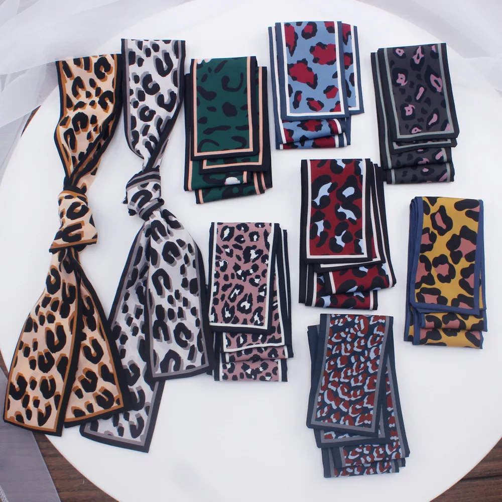 Модный дизайн, леопардовые обтягивающие шарфы, женские шелковые атласные Тонкие шарфы, двухсторонняя сумка с лентами, женский головной шарф, ретро Галстуки для волос
