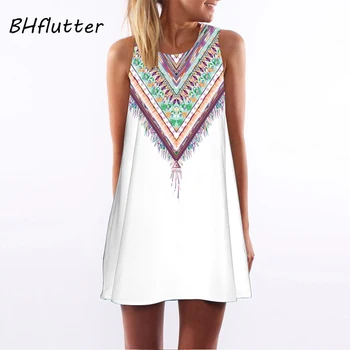 

BHflutter 2018 Women Dress Summer Style Flowers Print Casual Chiffon Dress Sleeveless Party Dresses Mini White Dress Vestidos