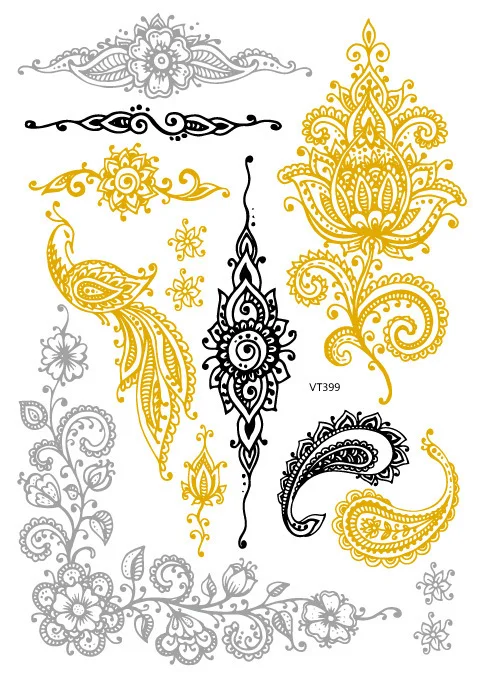 Rocooart флэш металлик водонепроницаемый временная татуировка Золото Серебро Татуировка Женская Хна Цветок тату индийский арабский тату-стикер - Цвет: VT399