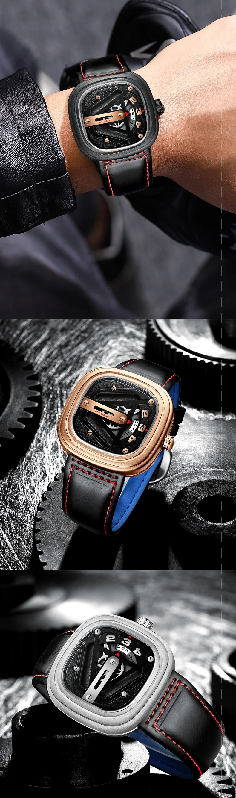 [Dropshpping] TEVISE Men Mechanical Watch T834B Date Calfskin Strap Automatic Movement Waterproof Watch Men Unique Male Clock (7)