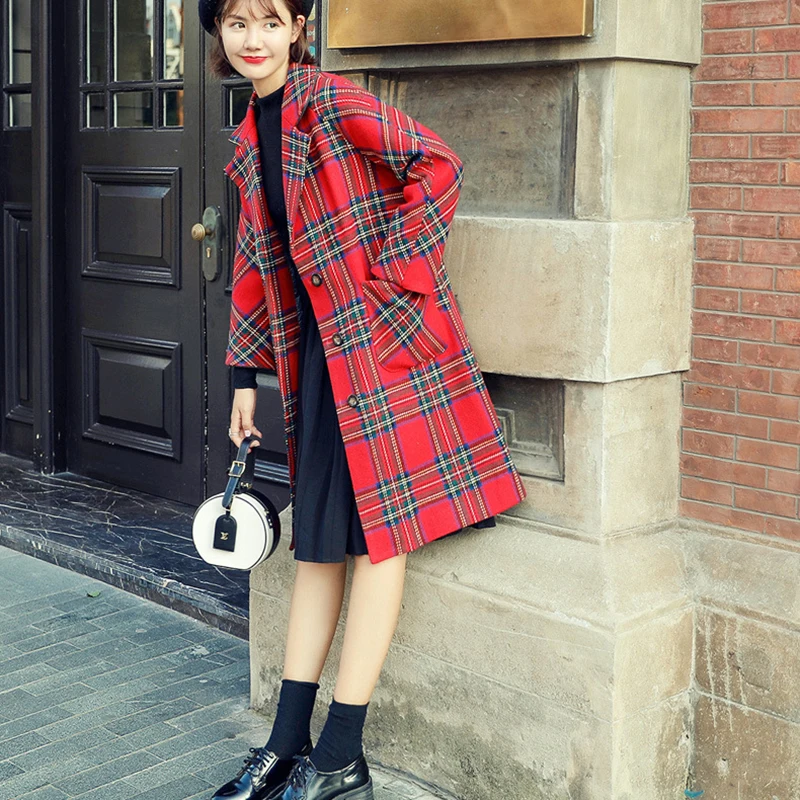 

winter autumn women plaid casual woolen long outercoat England style