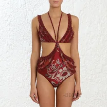 Купальник для женщин, купальник пуш-ап, цельный женский сексуальный бикини, купальники трикини, французское кружево, лист, край шеи, облегающее платье