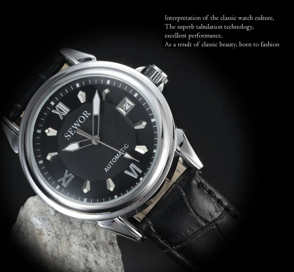 SEWOR Топ бренд золотые классические автоматические наручные часы Автоматическая Дата Календарь кожаный ремешок часы римский циферблат Мужские механические часы
