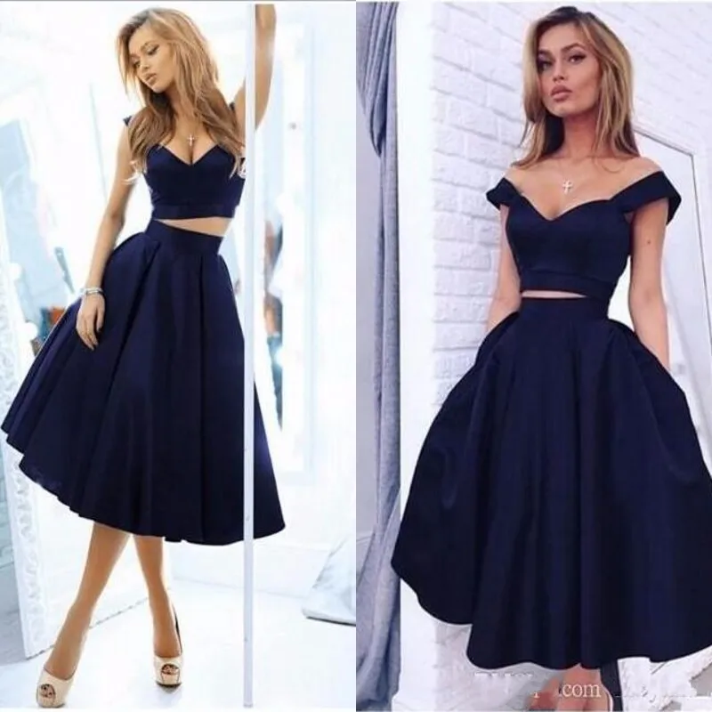 Simple Beautiful 2 Piece Prom Dresses Navy Blue Cocktail Dresses A Line Coctail Dress Cheap Fast